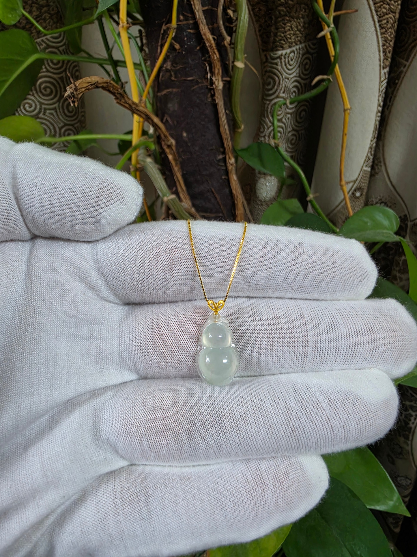Niihama Gourd Icy White Burmese A-Jadeite Charm Pendant (with 18K Yellow Gold and White Diamonds) - Certified