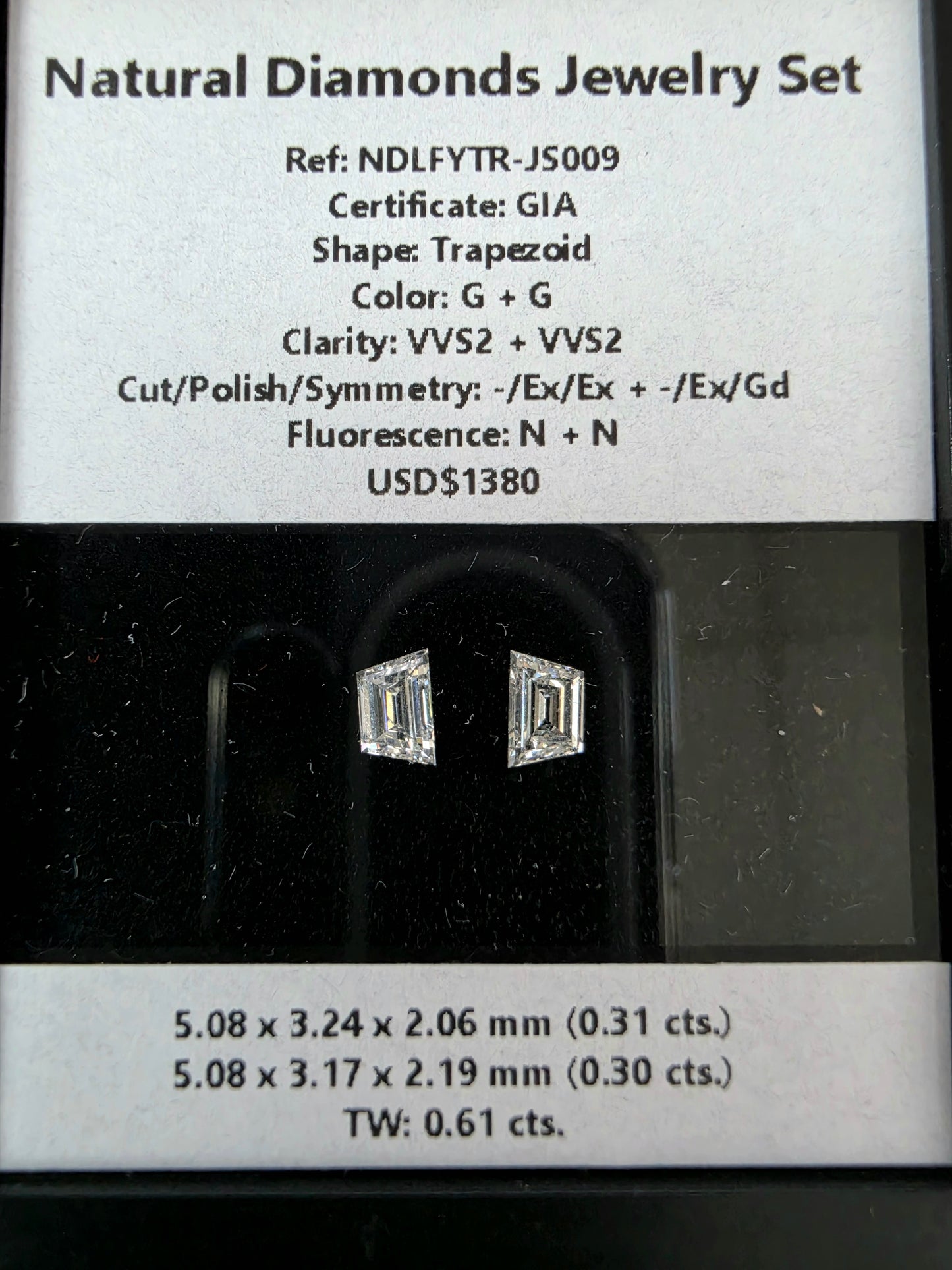 GIA Certified 0.61 cts. Natural G VVS2 Trapezoid Diamond Matched Pair Loose Stones Jewelry Set JS009
