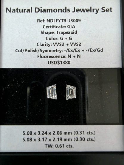 GIA Certified 0.61 cts. Natural G VVS2 Trapezoid Diamond Matched Pair Loose Stones Jewelry Set JS009