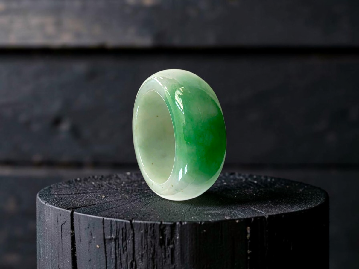 Master's Burmese Icy Bright Green and White A-Jadeite Infinity Band Ring Size US 10 - 09031 - Certified