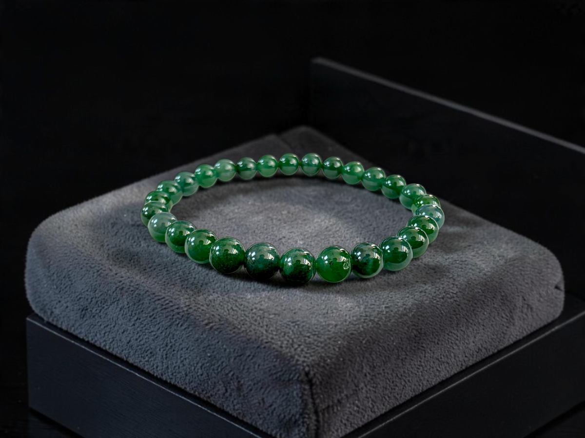 Certified Japanese Intense Deep Green Burmese A-Jade Beaded Bracelet (MADE IN JAPAN) (7 mm Each x 28 beads) 05068