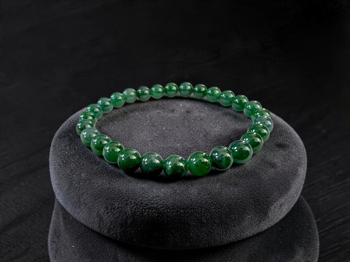 Certified Japanese Intense Deep Green Burmese A-Jade Beaded Bracelet (MADE IN JAPAN) (7 mm Each x 28 beads) 05068