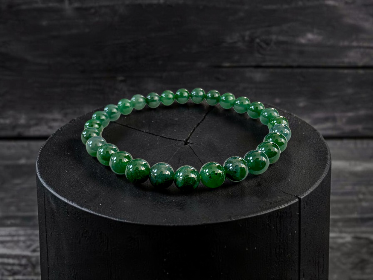 Certified Japanese Intense Deep Green Burmese A-Jade Beaded Bracelet (MADE IN JAPAN) (7 mm Each x 28 beads) 05068