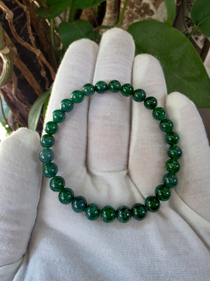 Certified Japanese Intense Deep Green Burmese A-Jade Beaded Bracelet (MADE IN JAPAN) (7 mm Each x 28 beads) 05068