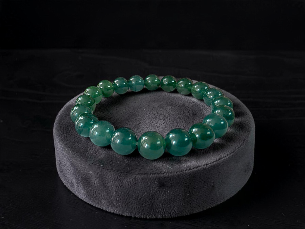 Certified Japanese Intense Deep Green Burmese A-Jade Beaded Bracelet (MADE IN JAPAN) (9.80 mm Each x 20 beads) 05069