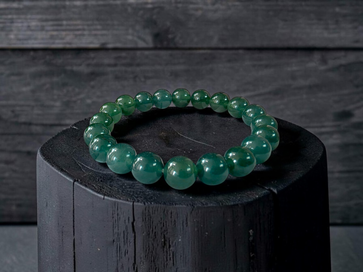 Certified Japanese Intense Deep Green Burmese A-Jade Beaded Bracelet (MADE IN JAPAN) (9.80 mm Each x 20 beads) 05069