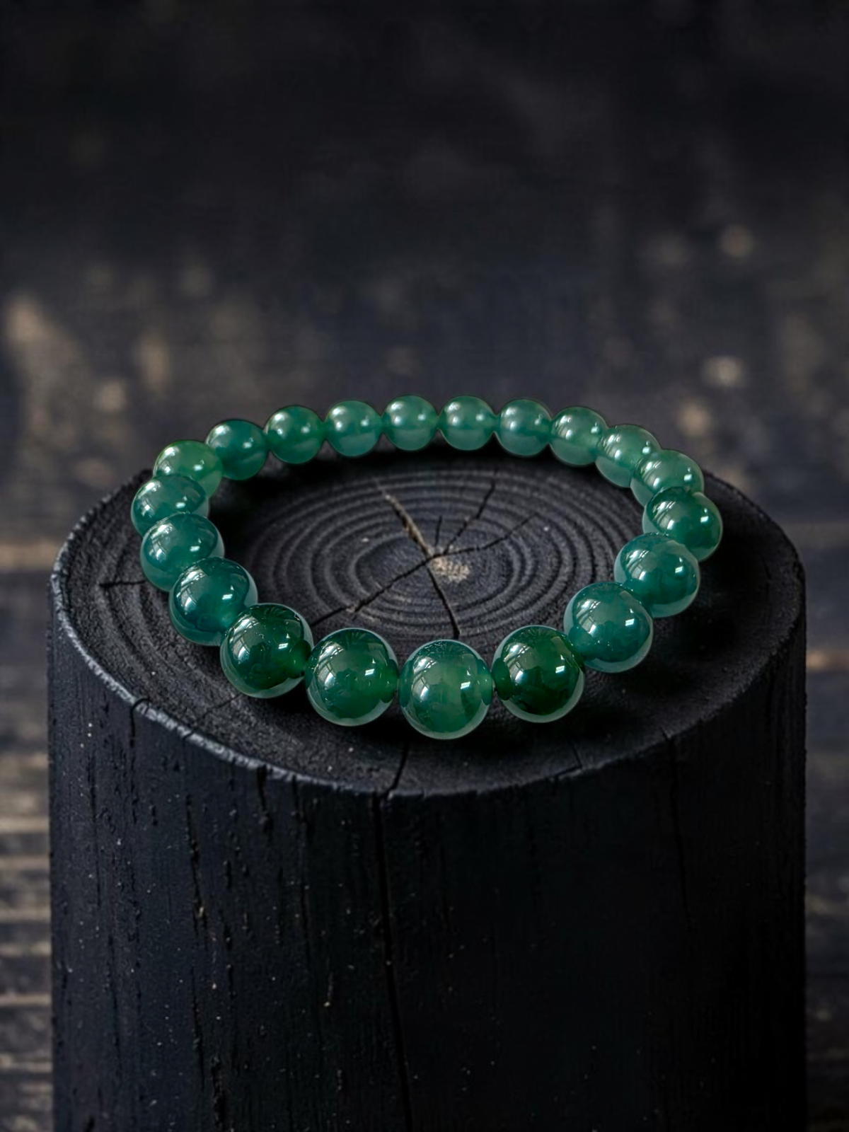 Certified Japanese Intense Deep Green Burmese A-Jade Beaded Bracelet (MADE IN JAPAN) (9.80 mm Each x 20 beads) 05069