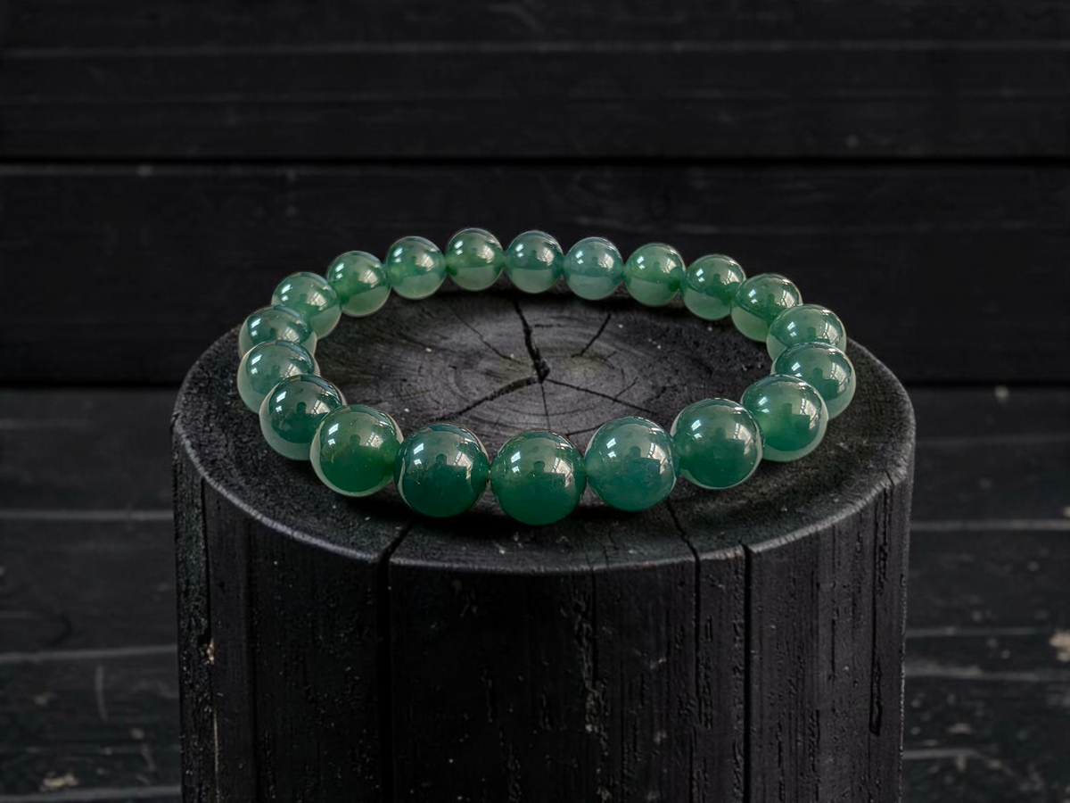 Certified Japanese Intense Deep Green Burmese A-Jade Beaded Bracelet (MADE IN JAPAN) (9.80 mm Each x 20 beads) 05069