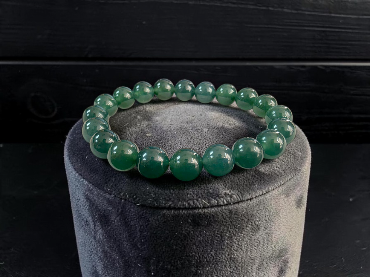 Certified Japanese Intense Deep Green Burmese A-Jade Beaded Bracelet (MADE IN JAPAN) (9.80 mm Each x 20 beads) 05069