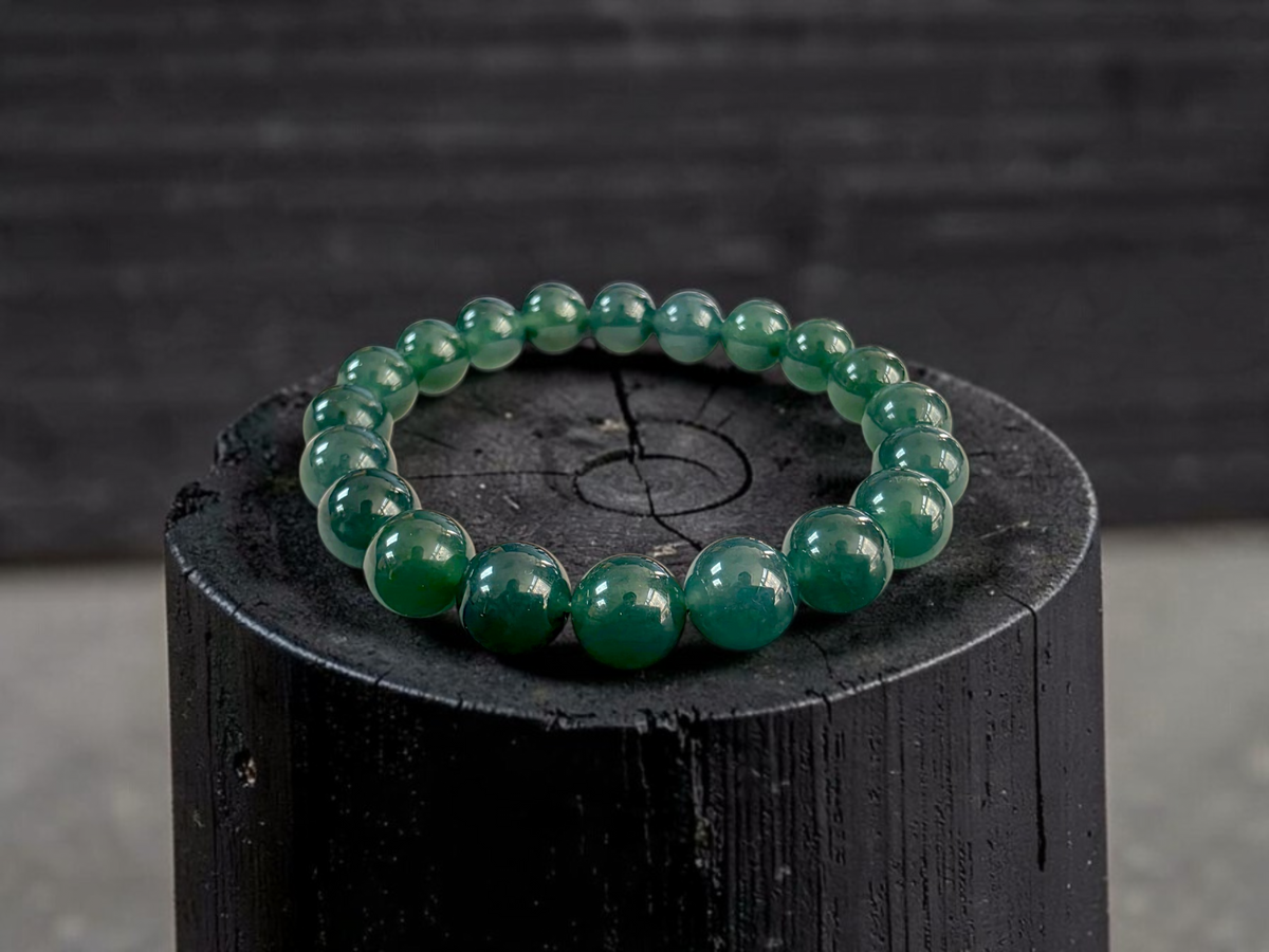Certified Japanese Intense Deep Green Burmese A-Jade Beaded Bracelet (MADE IN JAPAN) (9.80 mm Each x 20 beads) 05069