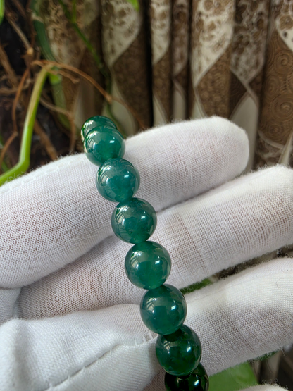 Certified Japanese Intense Deep Green Burmese A-Jade Beaded Bracelet (MADE IN JAPAN) (9.80 mm Each x 20 beads) 05069