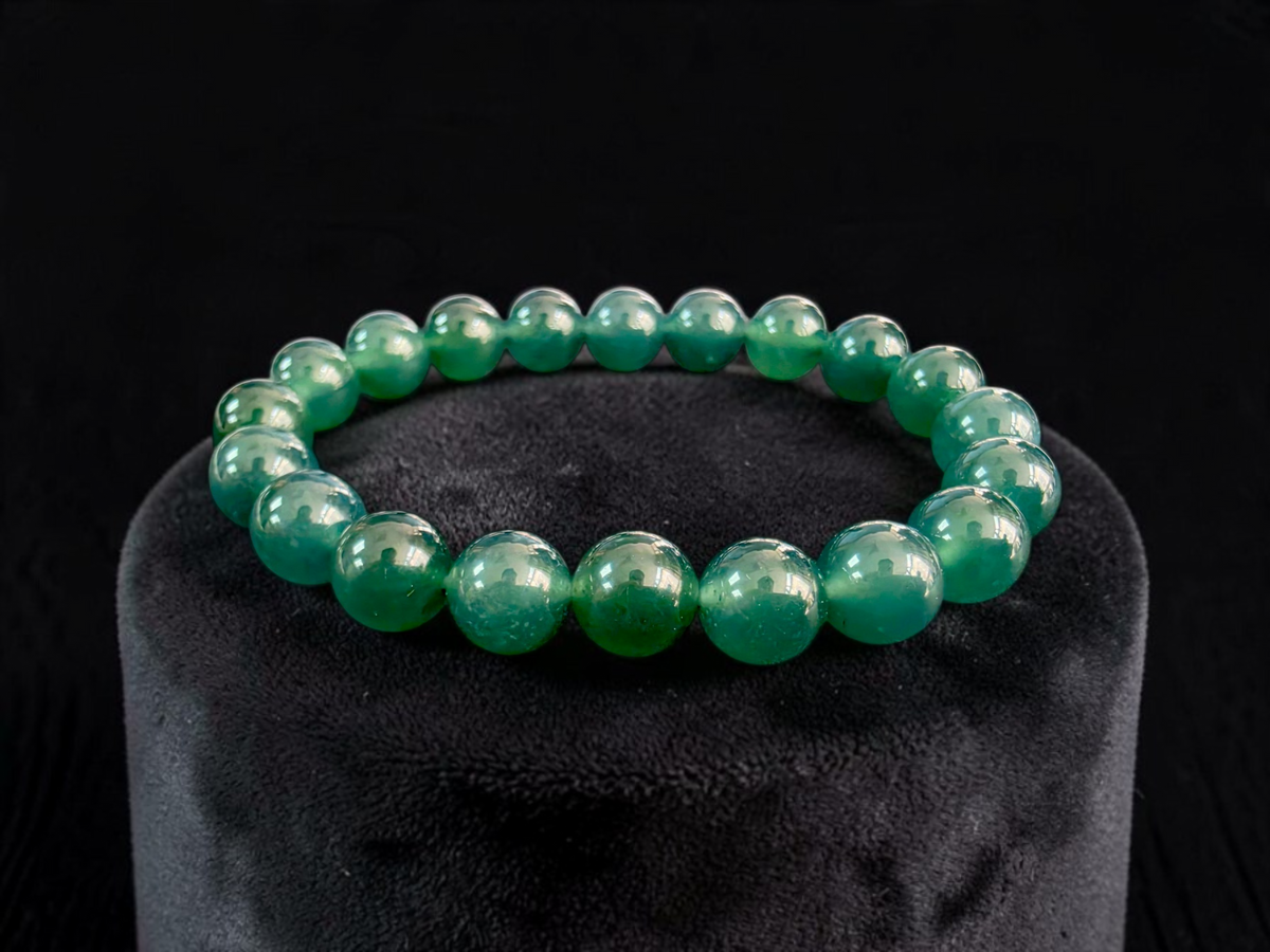 Certified Japanese Intense Deep Green Burmese A-Jade Beaded Bracelet (MADE IN JAPAN) (9.80 mm Each x 20 beads) 05069
