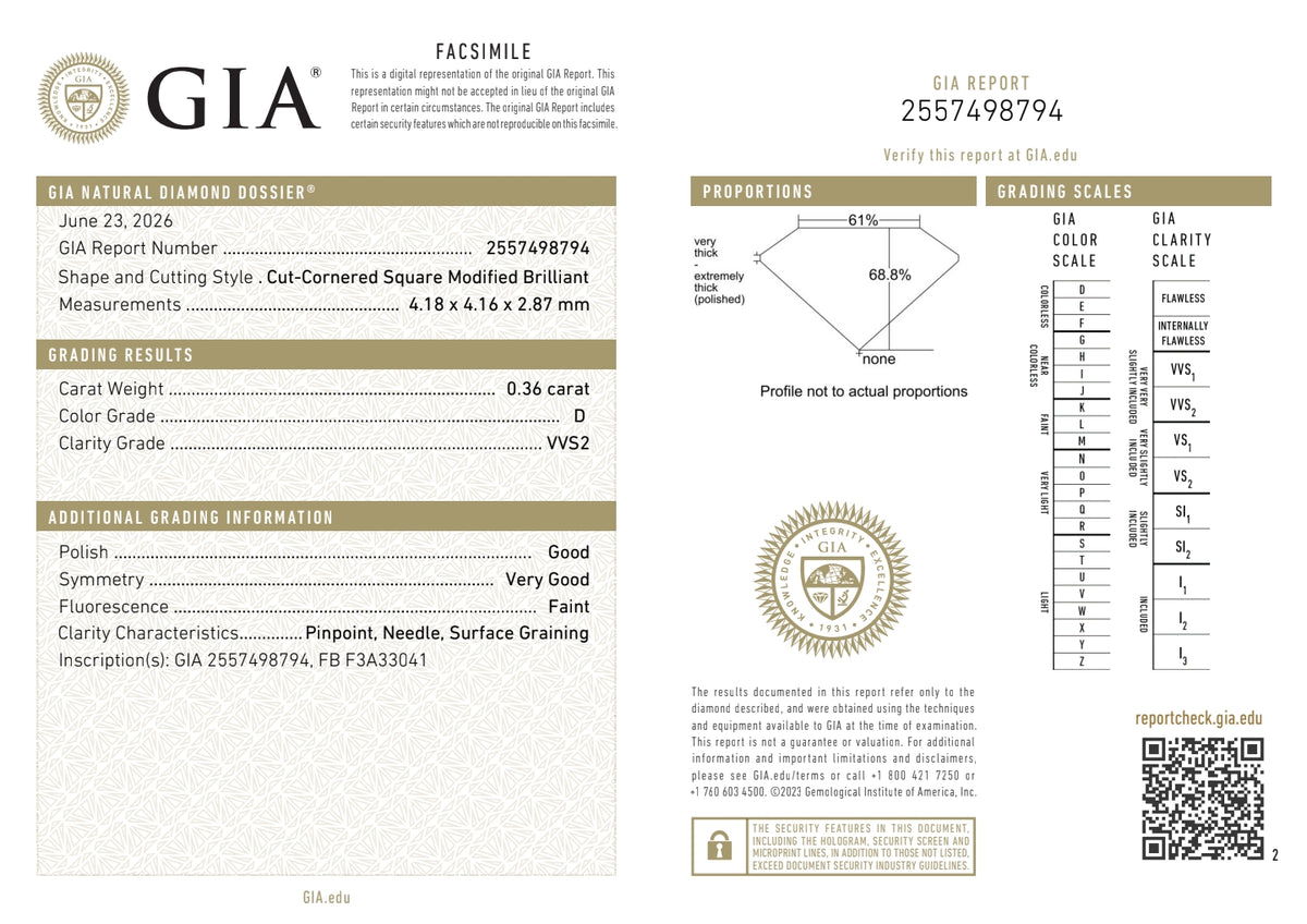 GIA Certified Natural 0.367 cts. D VVS2 Gd Vg Ft Square Radiant Shaped Diamond Loose Stone - LS84