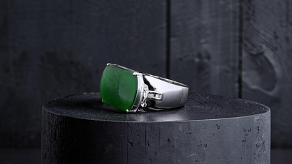 Odate MADE IN JAPAN Certified Vivid-Imperial Intense Green Burmese A-Jadeite Men's Ring (with 18K White Gold and Diamonds) Size US 9.5 - R24