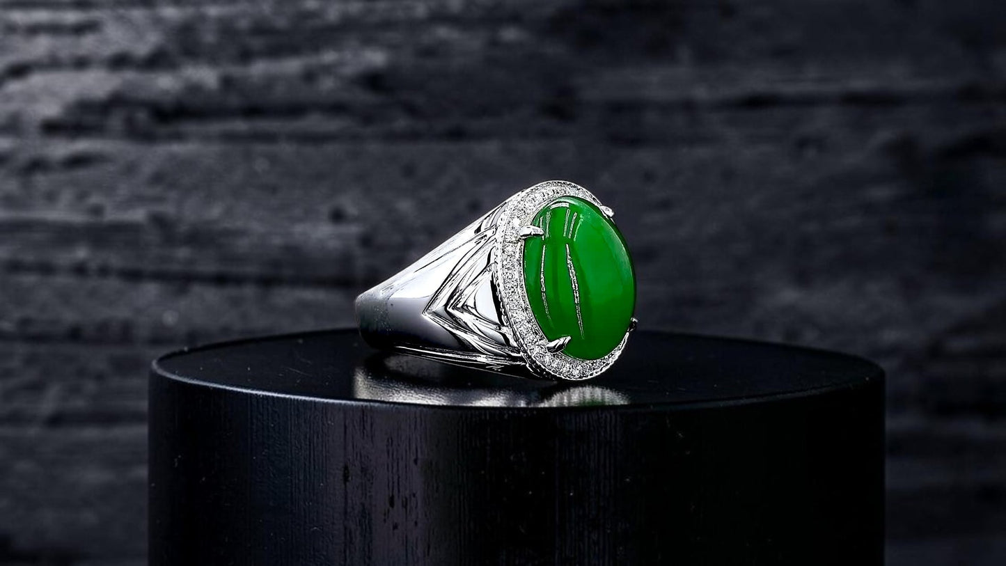 Chiba MADE IN JAPAN 7.42 cts. Certified Vivid Apple Green Burmese A-Jadeite Ring (with 18K White Gold and White Diamonds) Size US9.5  - R26