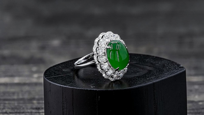 Shinshiro MADE IN JAPAN 6.88 cts. Certified Intense Icy Green Burmese A-Jadeite Ring (with 18K White Gold and White Diamonds) Size US7 - R27