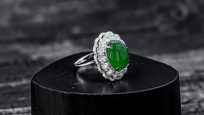 Shinshiro MADE IN JAPAN 6.88 cts. Certified Intense Icy Green Burmese A-Jadeite Ring (with 18K White Gold and White Diamonds) Size US7 - R27