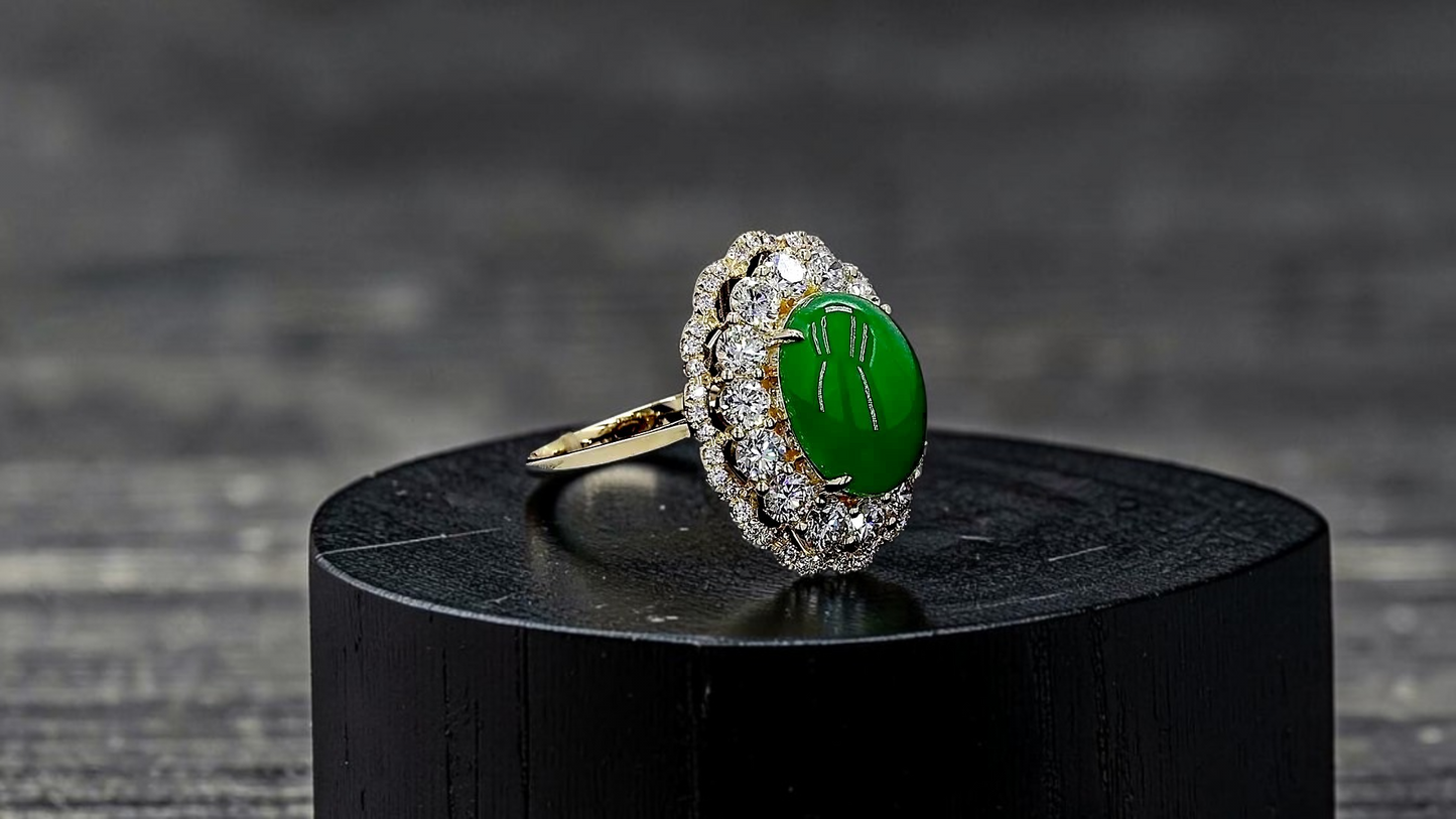 Yokote MADE IN JAPAN 6.29 cts. Certified Bright Imperial Green Burmese A-Jadeite Ring (with 18K Yellow Gold and White Diamonds) Size US7 - R28