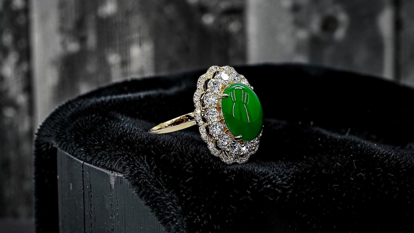 Yokote MADE IN JAPAN 6.29 cts. Certified Bright Imperial Green Burmese A-Jadeite Ring (with 18K Yellow Gold and White Diamonds) Size US7 - R28