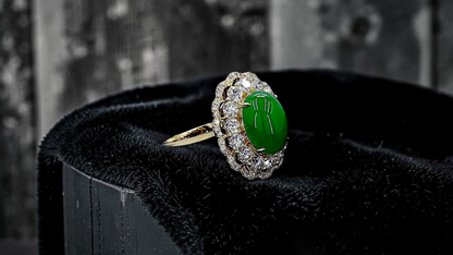 Yokote MADE IN JAPAN 6.29 cts. Certified Bright Imperial Green Burmese A-Jadeite Ring (with 18K Yellow Gold and White Diamonds) Size US7 - R28