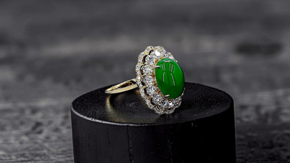 Yokote MADE IN JAPAN 6.29 cts. Certified Bright Imperial Green Burmese A-Jadeite Ring (with 18K Yellow Gold and White Diamonds) Size US7 - R28