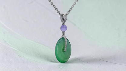 Nisshin Round Icy Green and Lavender Burmese A-Jadeite 16.80 mm Donut Charm Pendant (with 18K White Gold and White Diamonds) - Certified