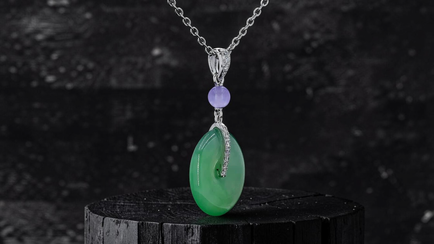 Nisshin Round Icy Green and Lavender Burmese A-Jadeite 16.80 mm Donut Charm Pendant (with 18K White Gold and White Diamonds) - Certified