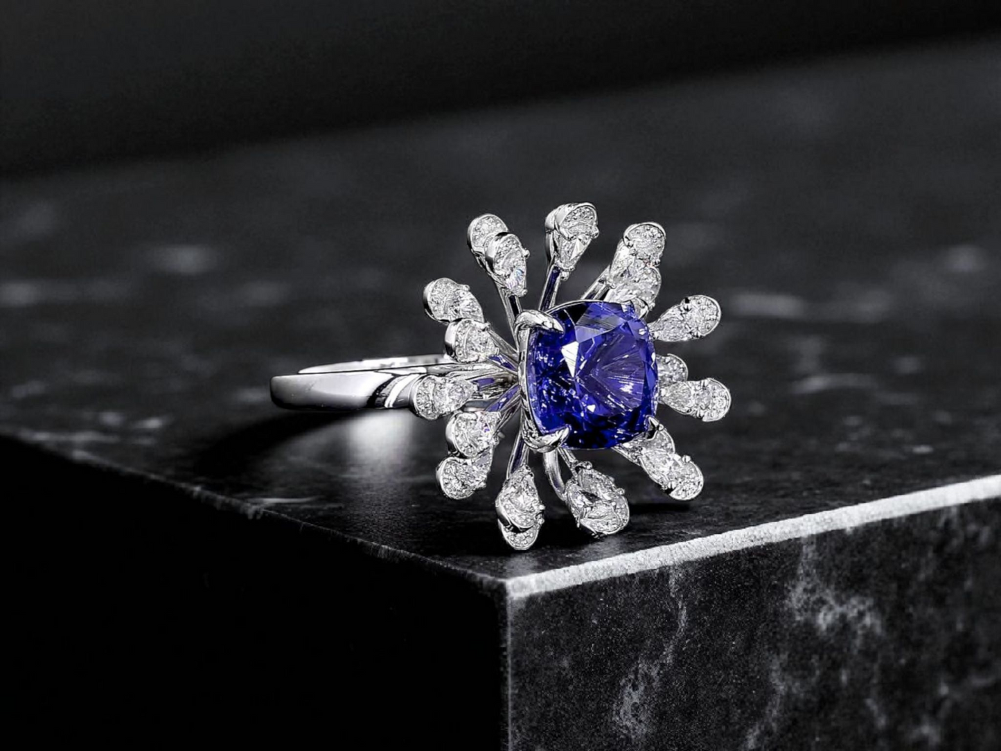 Teramo (2.96 cts.) Tanzanite and Natural Diamonds Ring (with 18K White Gold - R4039A
