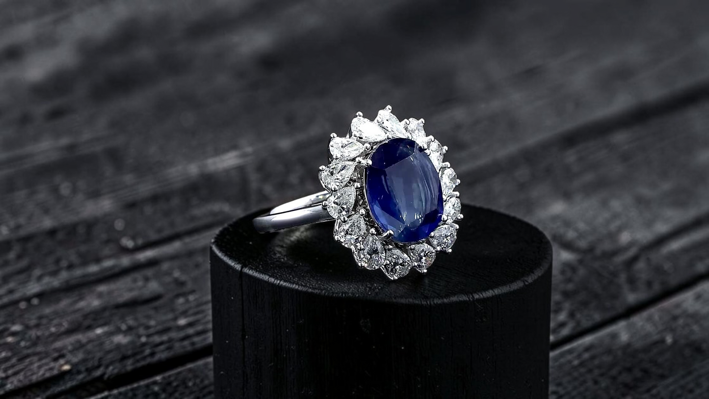 Aomori MADE IN JAPAN Certified Oval Shaped 4.432 cts. No Heat Burmese Natural Deep Blue Sapphire Ring with 18K White Gold and White Diamonds Size US 7  - R29