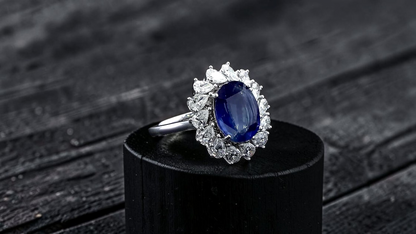 Aomori MADE IN JAPAN Certified Oval Shaped 4.432 cts. No Heat Burmese Natural Deep Blue Sapphire Ring with 18K White Gold and White Diamonds Size US 7  - R29