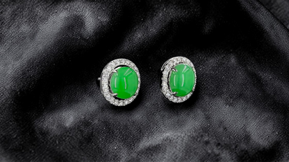 Eternal Sunshine Apple Green Burmese A-Jade Stud Earrings with Diamond Halo and 18K White Gold - Certified - V2