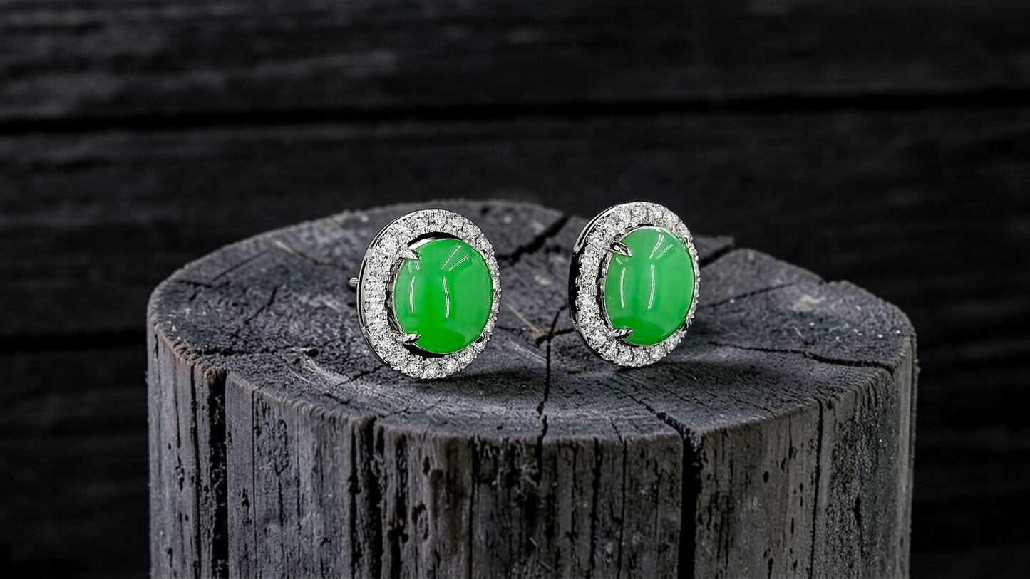 Eternal Sunshine Apple Green Burmese A-Jade Stud Earrings with Diamond Halo and 18K White Gold - Certified - V2