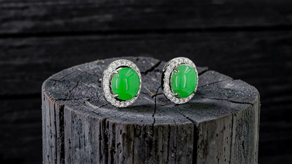 Eternal Sunshine Apple Green Burmese A-Jade Stud Earrings with Diamond Halo and 18K White Gold - Certified - V2