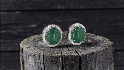 Eternal Sunshine Blue Green Burmese A-Jade Stud Earrings with Diamond Halo and 18K White Gold - Certified - V3
