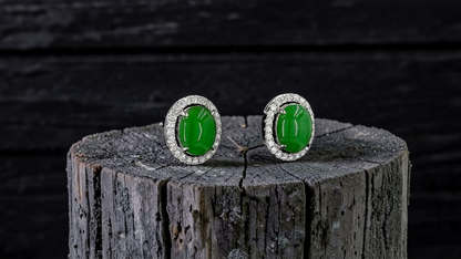 Eternal Sunshine Green Burmese A-Jade Stud Earrings with Diamond Halo and 18K White Gold - Certified - V4