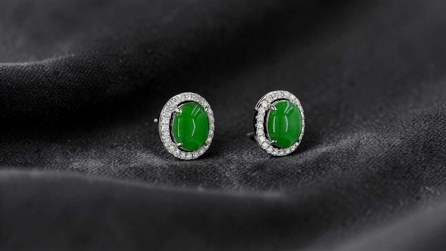 Eternal Sunshine Green Burmese A-Jade Stud Earrings with Diamond Halo and 18K White Gold - Certified - V4