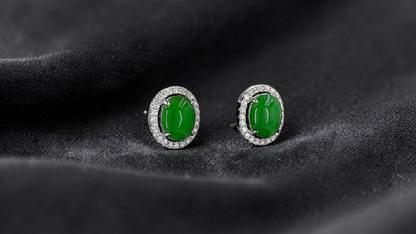 Eternal Sunshine Green Burmese A-Jade Stud Earrings with Diamond Halo and 18K White Gold - Certified - V4