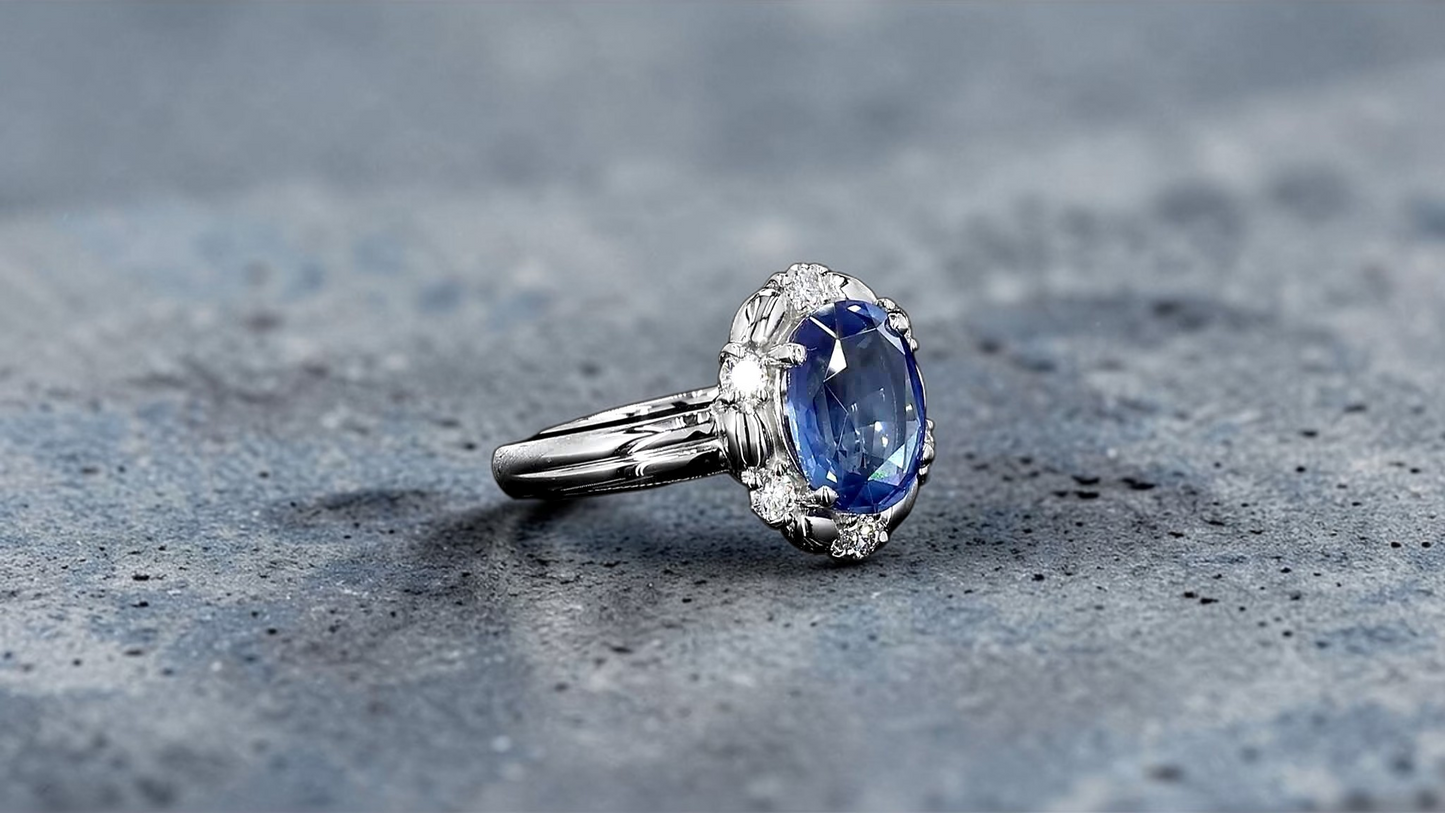 Toyohashi MADE IN JAPAN Certified Oval Shaped 3.17 cts. Cornflower Blue Sapphire Ring with Platinum 900 and White Diamonds Size US5 - R10