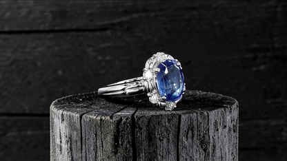 Toyohashi MADE IN JAPAN Certified Oval Shaped 3.17 cts. Cornflower Blue Sapphire Ring with Platinum 900 and White Diamonds Size US5 - R10