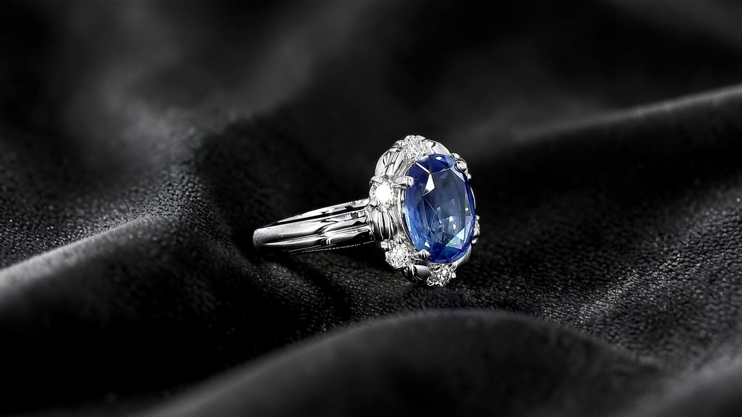 Toyohashi MADE IN JAPAN Certified Oval Shaped 3.17 cts. Cornflower Blue Sapphire Ring with Platinum 900 and White Diamonds Size US5 - R10