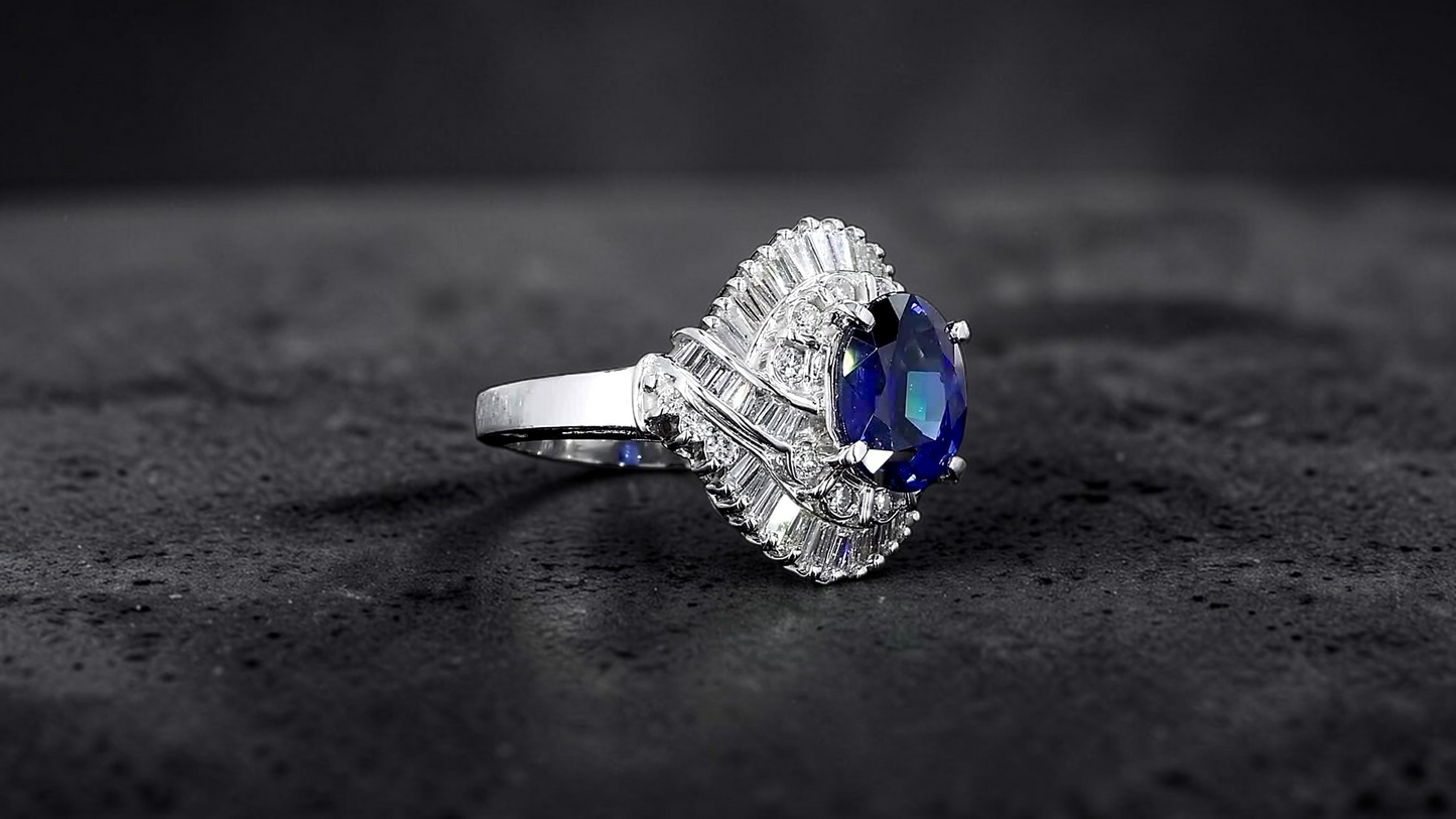 Okazaki MADE IN JAPAN Certified Oval Shaped 2.72 cts. Natural Royal Blue Sapphire Ring with Platinum 900 and White Diamonds Size US5  - R11