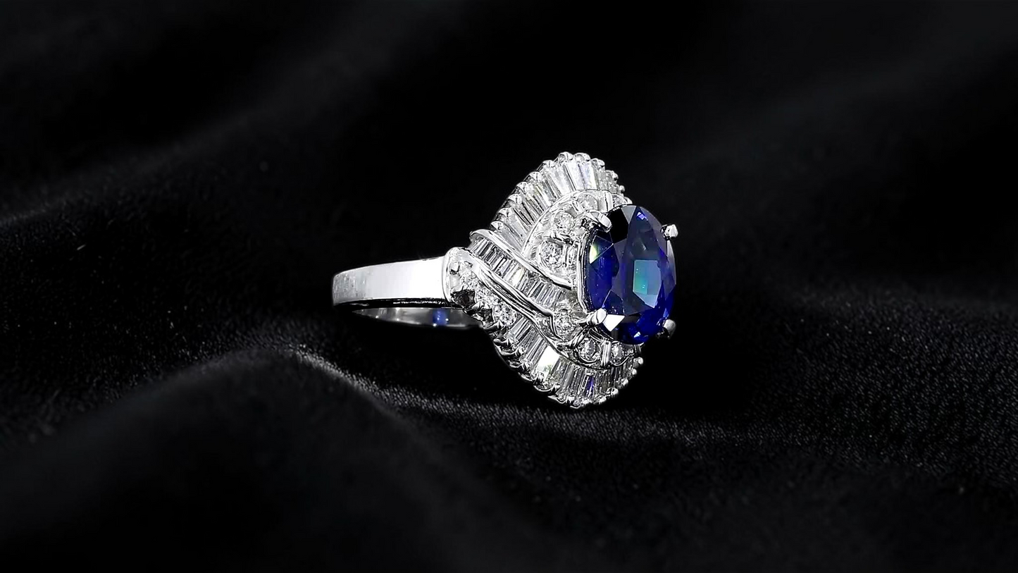 Okazaki MADE IN JAPAN Certified Oval Shaped 2.72 cts. Natural Royal Blue Sapphire Ring with Platinum 900 and White Diamonds Size US5  - R11
