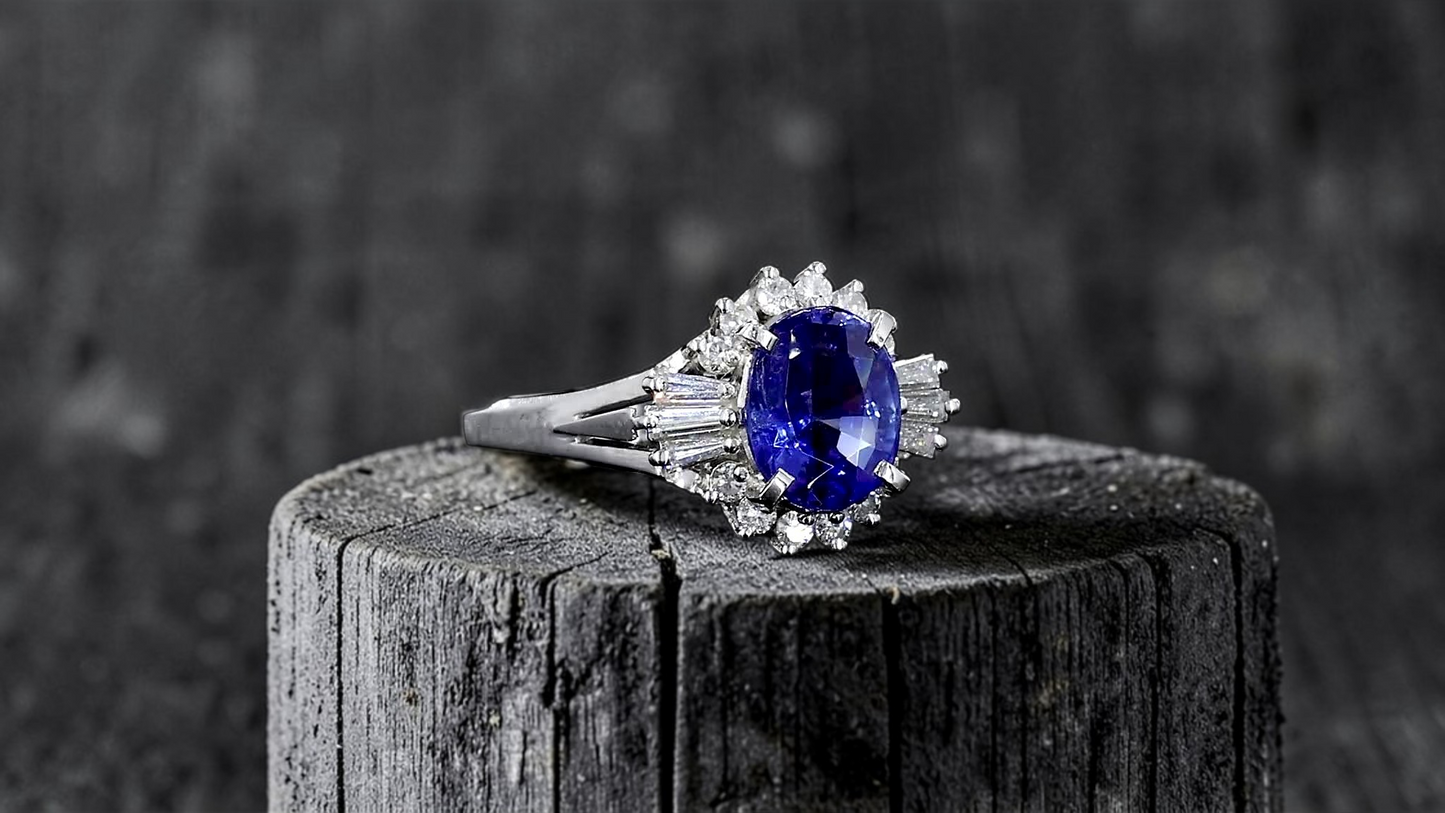 Ichinomiya MADE IN JAPAN Certified Oval Shaped 1.93 cts. Natural Blue Sapphire Ring with Platinum 900 and White Diamonds Size US6.5  - R12