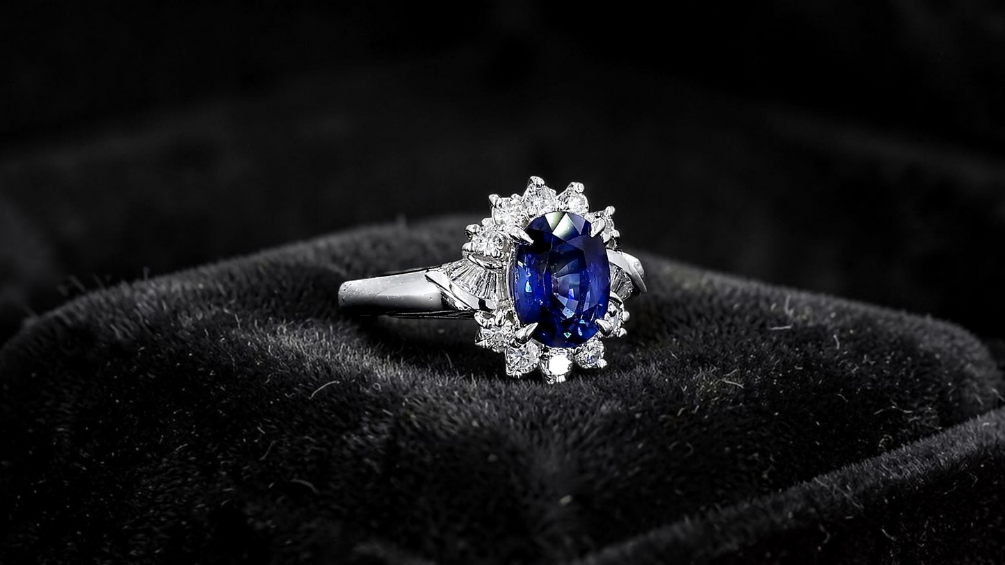 Seto MADE IN JAPAN Certified Oval Shaped 1.80 cts. Natural Deep Blue Sapphire Ring with Platinum 900 and White Diamonds Size US5.5  - R13