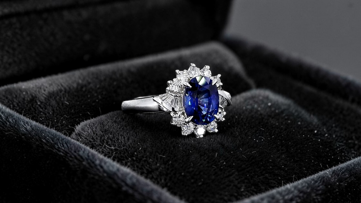 Seto MADE IN JAPAN Certified Oval Shaped 1.80 cts. Natural Deep Blue Sapphire Ring with Platinum 900 and White Diamonds Size US5.5  - R13