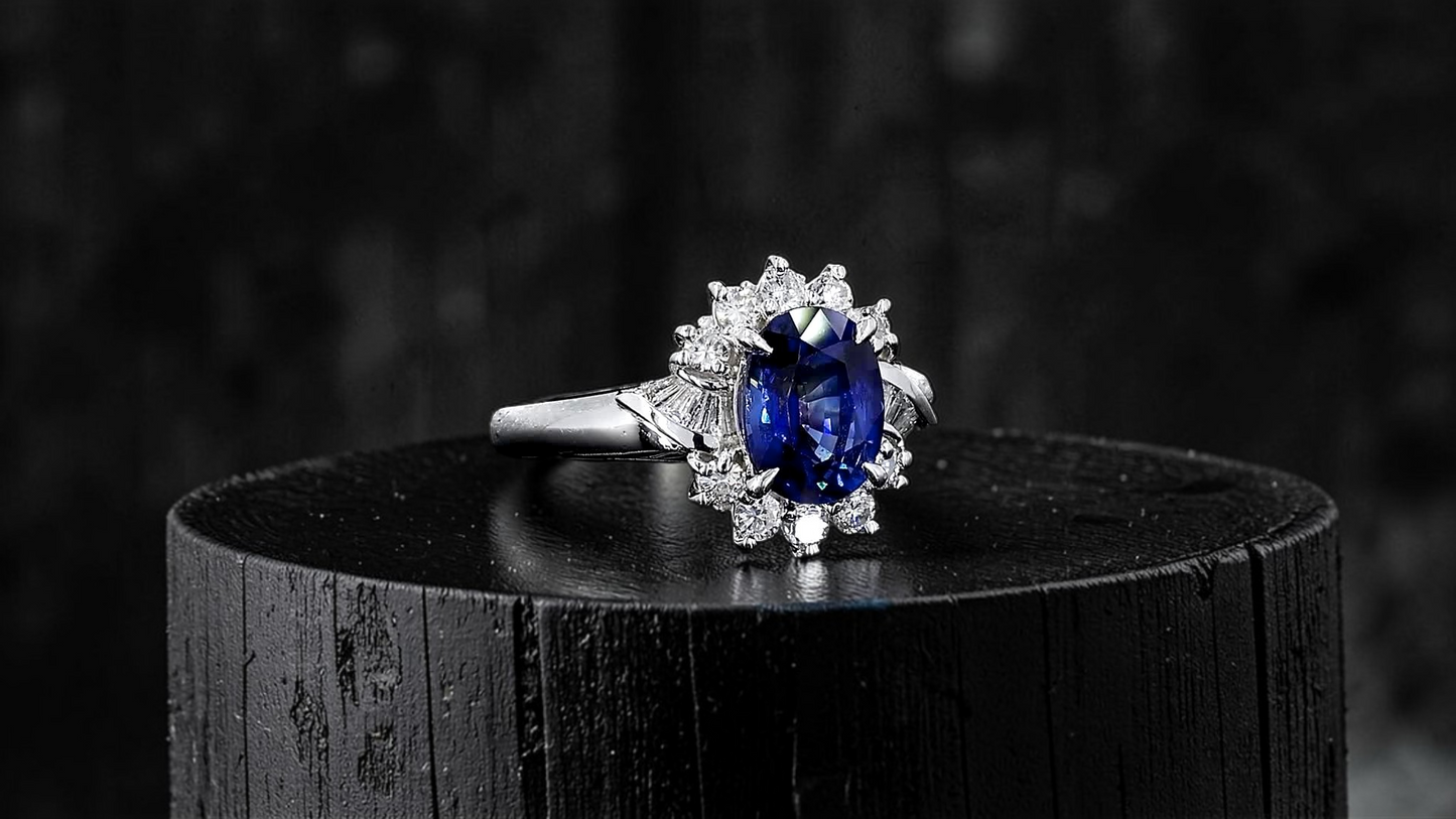 Seto MADE IN JAPAN Certified Oval Shaped 1.80 cts. Natural Deep Blue Sapphire Ring with Platinum 900 and White Diamonds Size US5.5  - R13