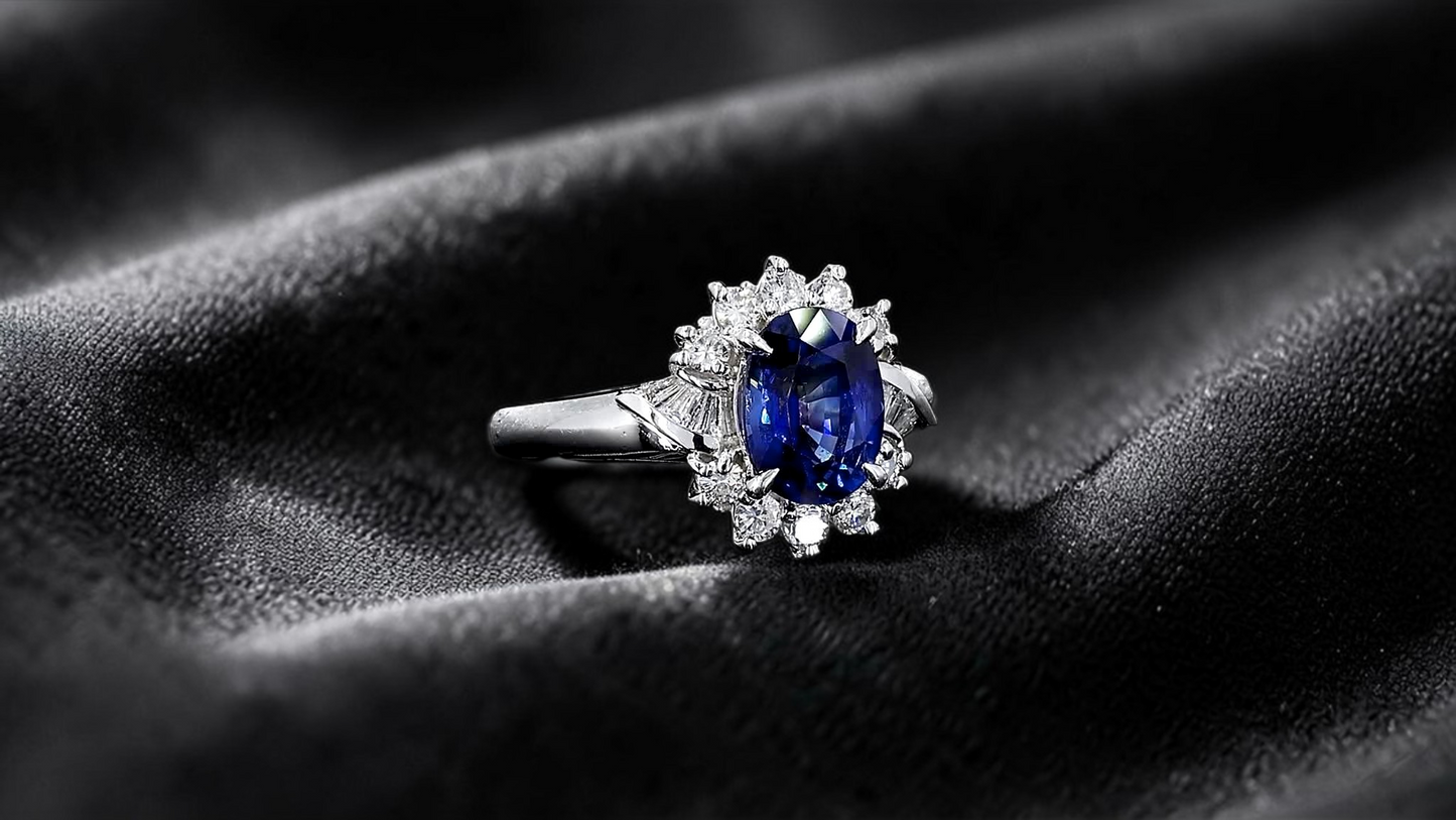 Seto MADE IN JAPAN Certified Oval Shaped 1.80 cts. Natural Deep Blue Sapphire Ring with Platinum 900 and White Diamonds Size US5.5  - R13