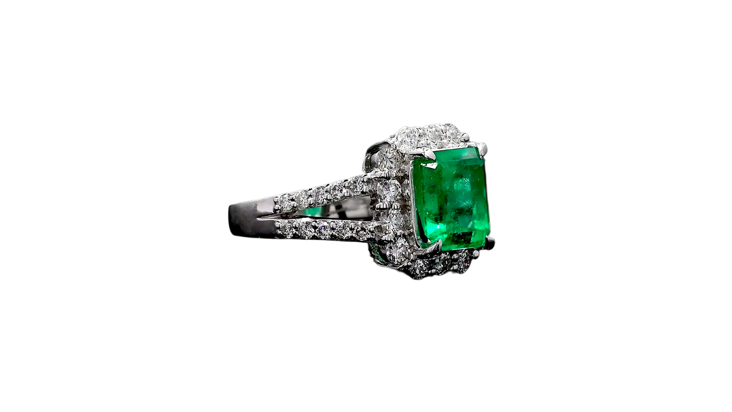 Handa MADE IN JAPAN Certified 2.34 cts. Minor Oil Vivid Green Columbian Emerald Ring with Platinum 900 and White Diamonds Size US6  - R14