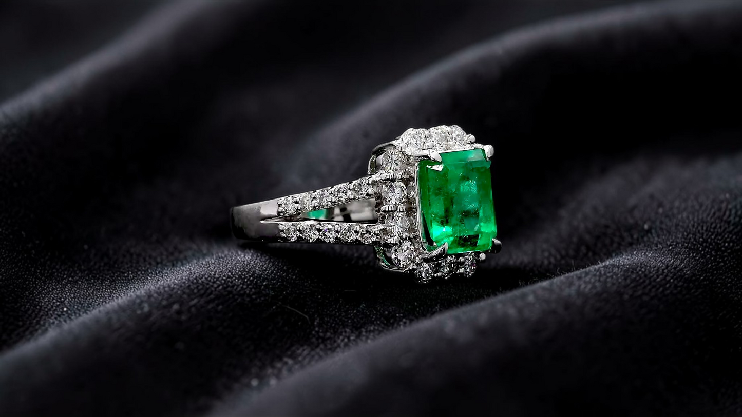 Handa MADE IN JAPAN Certified 2.34 cts. Minor Oil Vivid Green Columbian Emerald Ring with Platinum 900 and White Diamonds Size US6  - R14