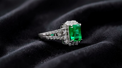 Handa MADE IN JAPAN Certified 2.34 cts. Minor Oil Vivid Green Columbian Emerald Ring with Platinum 900 and White Diamonds Size US6  - R14